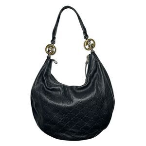 GUCCI Twins Black Leather Hobo Bag GG Logo Guccissima Handbag Purse